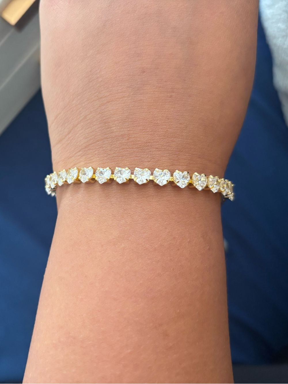 Gold Tennis Bracelet with Clear Heart Stones
